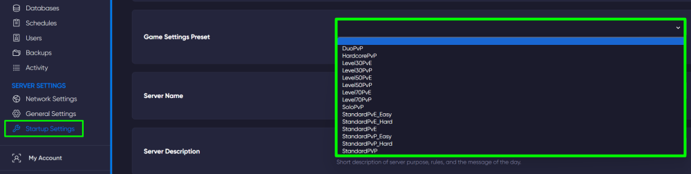 game setting list in panel