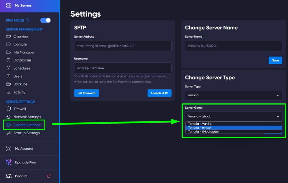 general settings in GODLIKE game panel