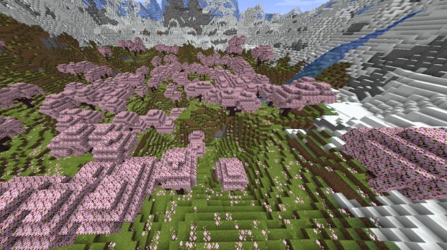 minecraft bedrock Cherry Forest with Snowy Peaks