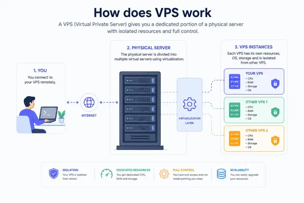 VPS hosting architecture diagram showing isolated virtual servers