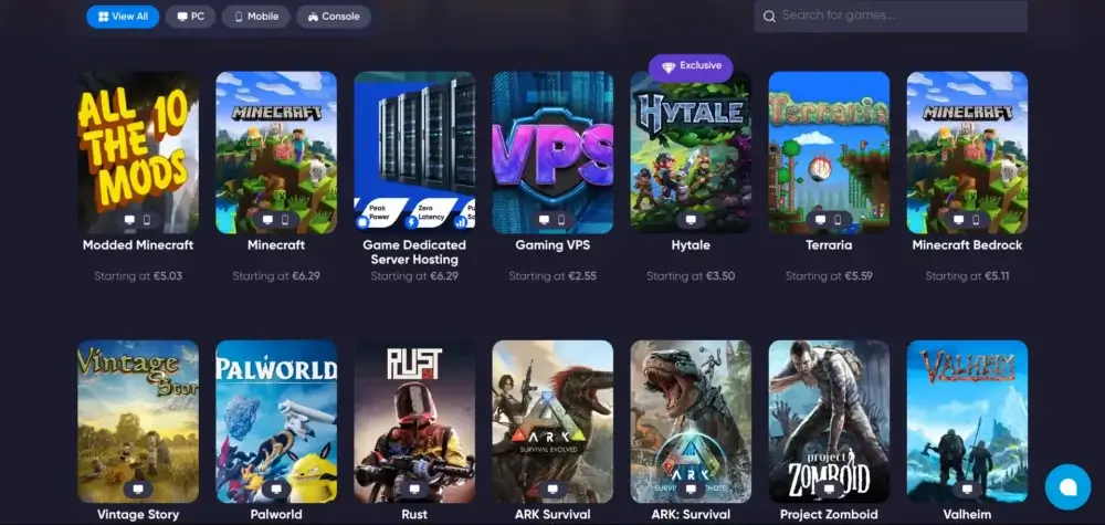 Godlike game server hosting catalog with game cards