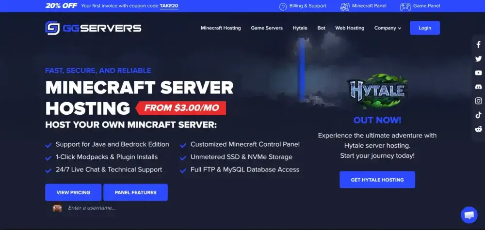 GGServers homepage showing Minecraft server hosting plans and features