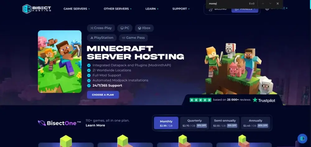 BisectHosting Minecraft server hosting page showing plans, features, and pricing