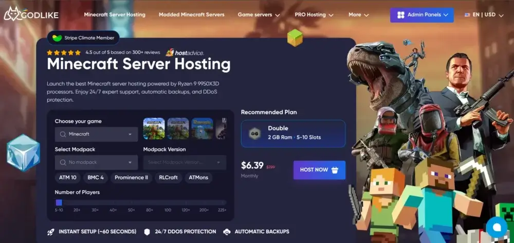 Godlike.host Minecraft server hosting page with game, modpack, and player plan calculator