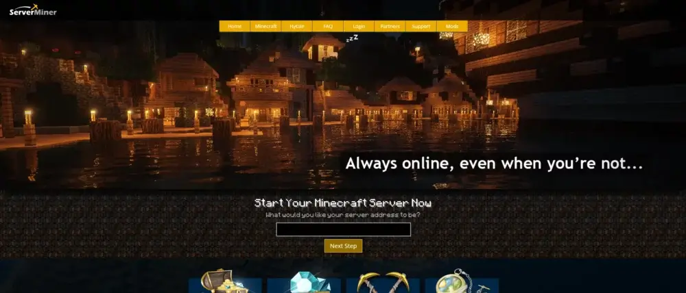ServerMiner homepage showing Minecraft server hosting signup and navigation