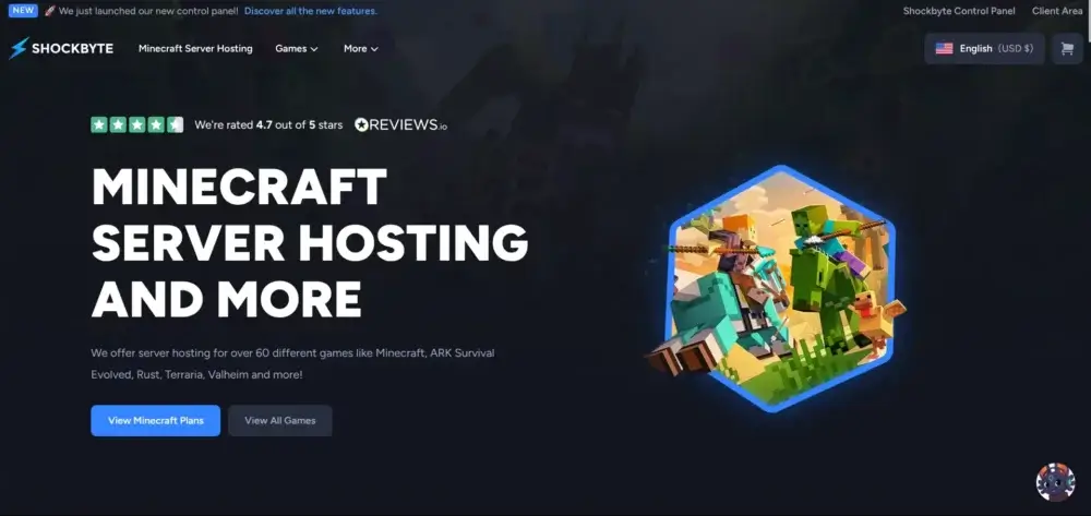 Shockbyte homepage showing Minecraft server hosting and game server options