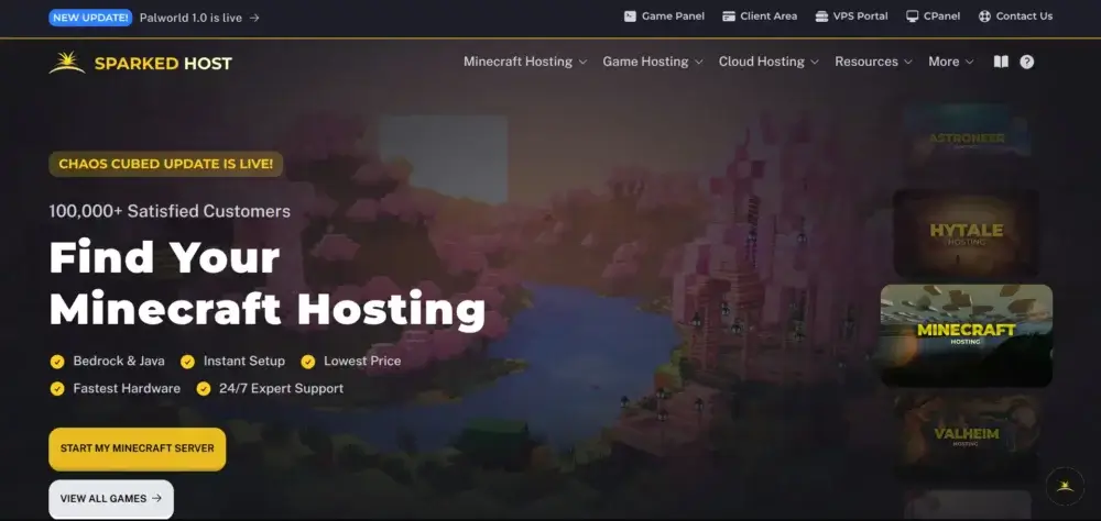 Sparked Host homepage promoting Minecraft server hosting