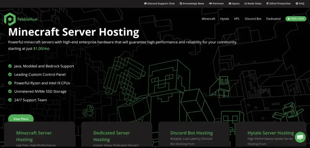 PebbleHost Minecraft server hosting page showing features and pricing