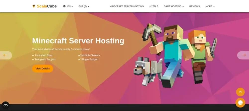 ScalaCube Minecraft server hosting page with Java and Bedrock server features