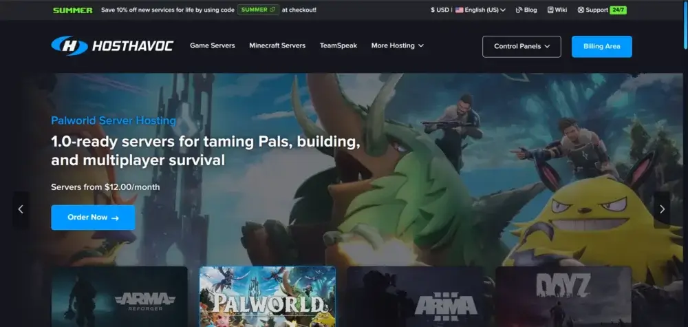 Host Havoc homepage showing Palworld server hosting and game server options