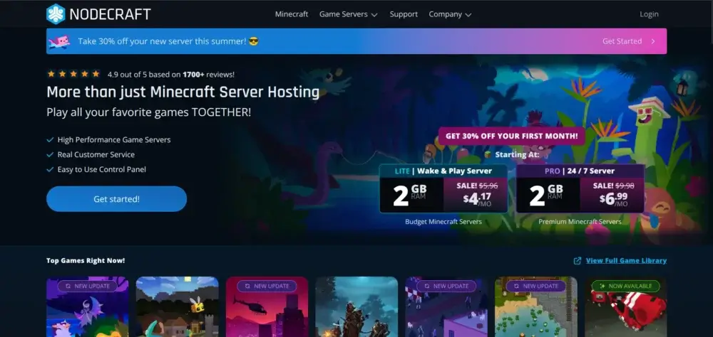 Nodecraft homepage showing Minecraft server hosting plans and pricing
