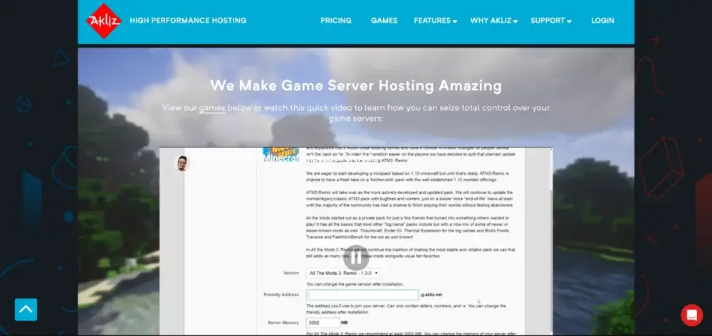 Akliz game server hosting homepage with a Minecraft modpack setup video