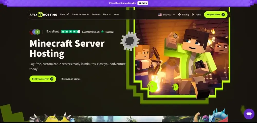Apex Hosting homepage promoting Minecraft server hosting and other game servers