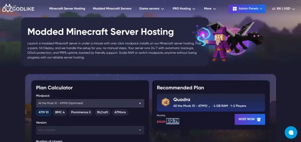 Godlike.host modded Minecraft server hosting page with modpack plan calculator