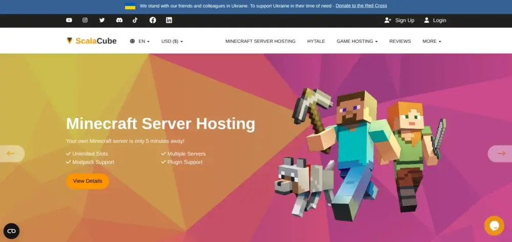 ScalaCube Minecraft server hosting page showing modpack support and server features