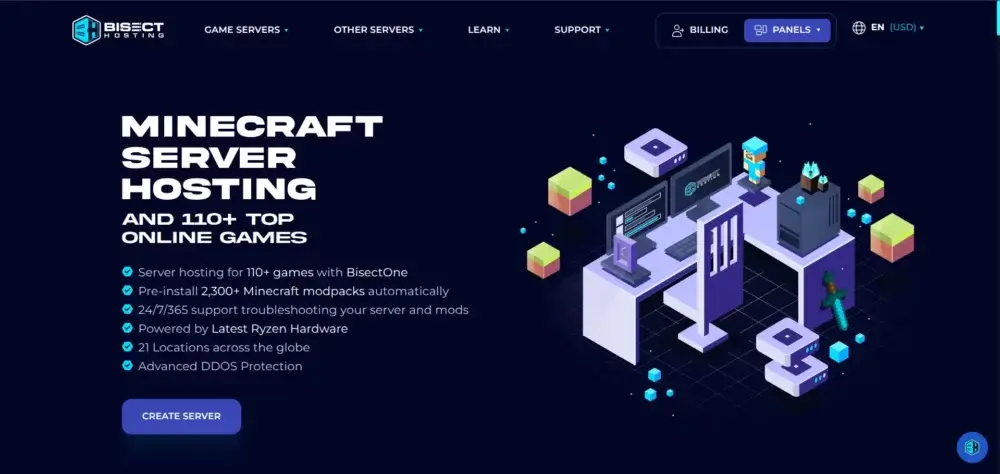 BisectHosting Minecraft server hosting page showing modpack support features