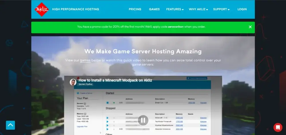 Akliz game server hosting page showing a Minecraft modpack installation video