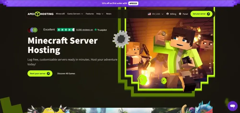 Apex Hosting Minecraft server hosting page with server features and signup options