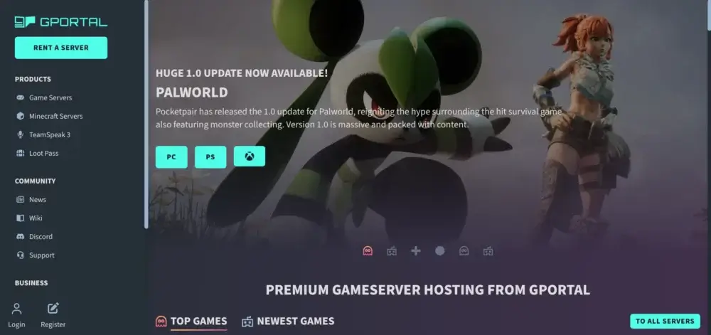 GPORTAL game server hosting homepage with Minecraft server navigation