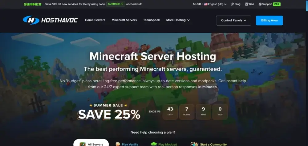 Host Havoc Minecraft server hosting page showing server features and plan options