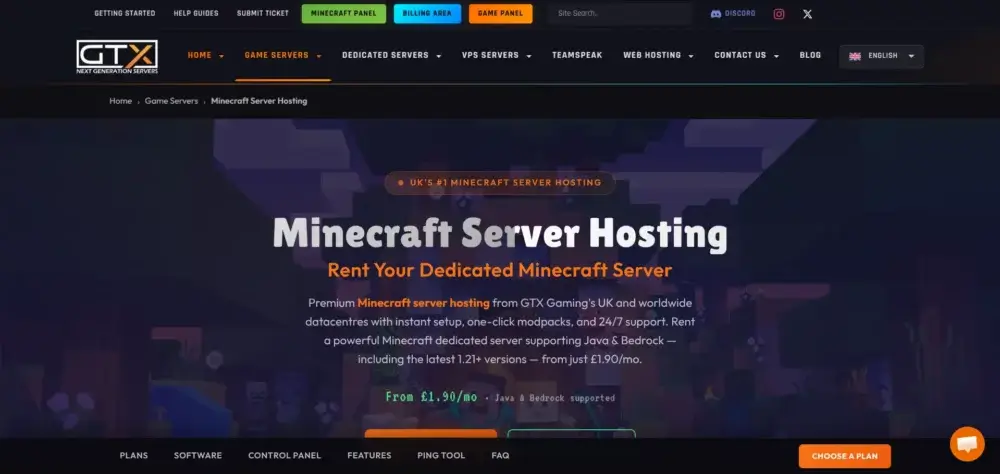 GTXGaming Minecraft server hosting page for dedicated Minecraft servers