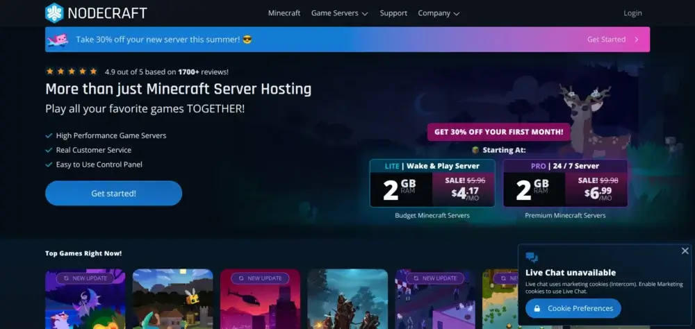 Nodecraft Minecraft server hosting page showing server plans and pricing