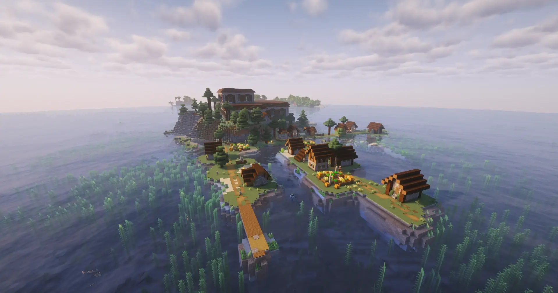 Island with Mansion and Village at Spawn