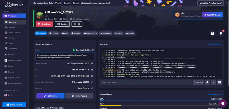 Godlike Game Panel overview for a running Minecraft server