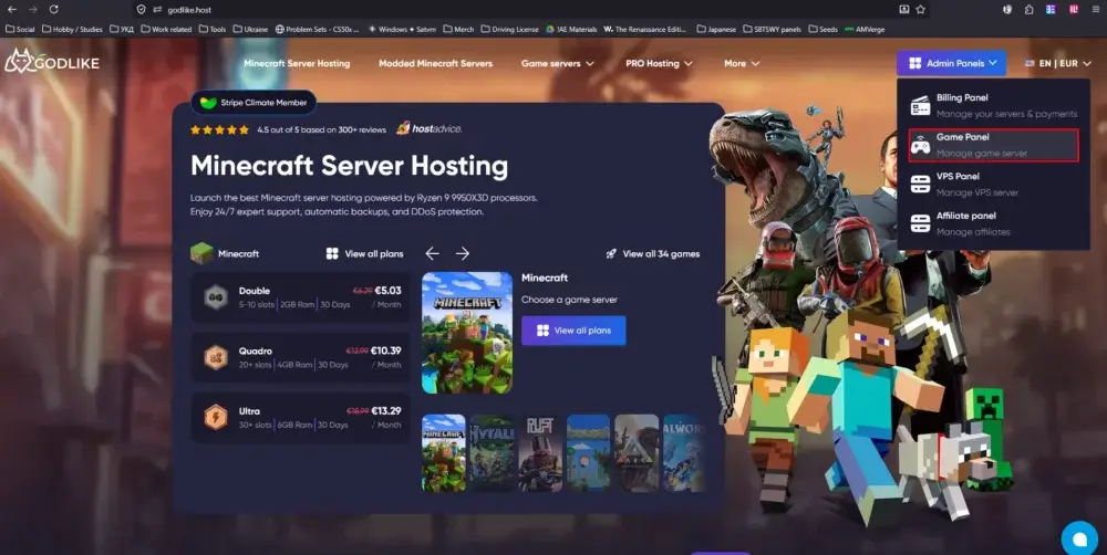 Godlike website admin panels menu with Game Panel option highlighted