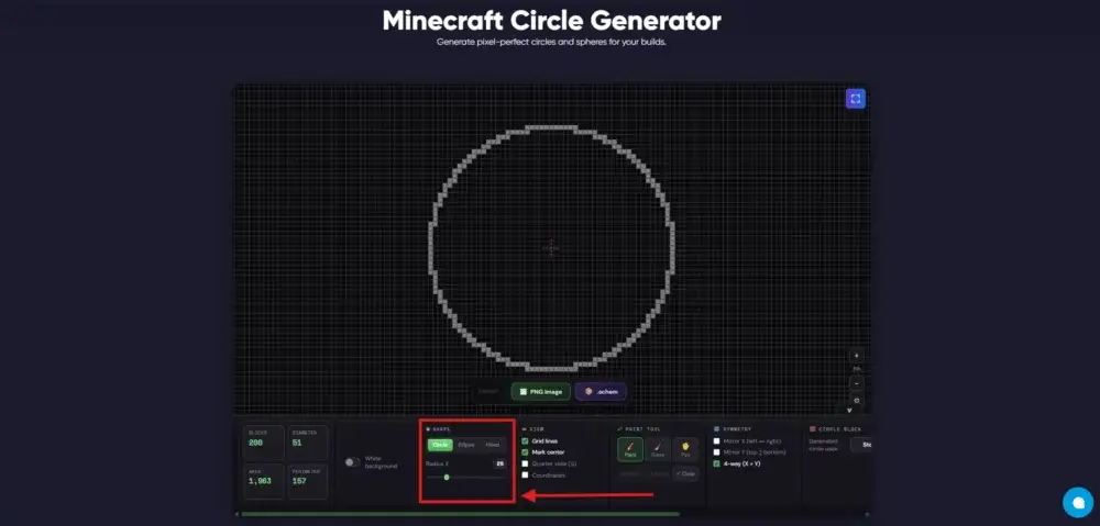 Minecraft Circle Generator settings for choosing circle diameter and shape type