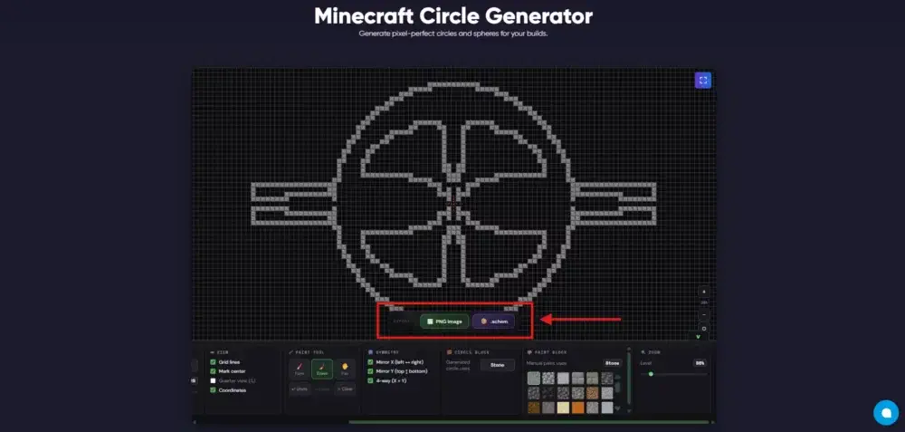 Export options in the Minecraft Circle Generator for downloading a PNG image or schematic file