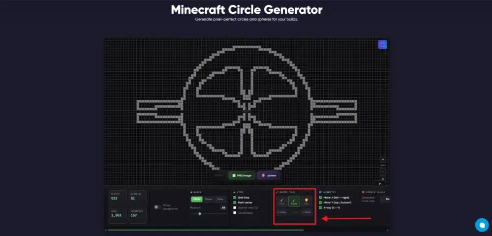 Paint tool in the Minecraft Circle Generator used to add blocks to a custom circle outline