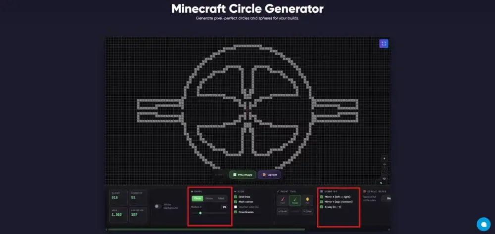 Symmetry and view options in the Minecraft Circle Generator with grid lines and coordinates