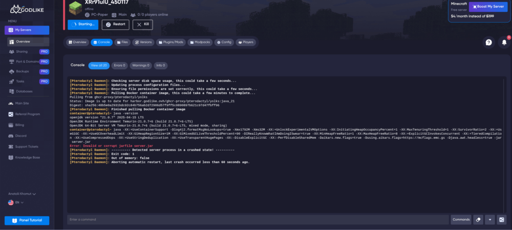 Minecraft server console error