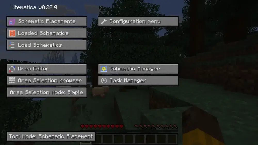 Litematica main menu with schematic placements and configuration options