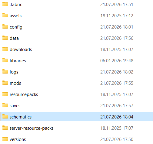 Minecraft directory with the schematics folder selected