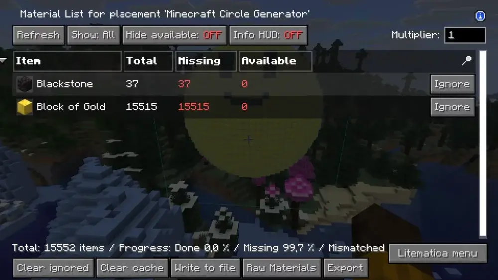 Litematica Material List showing required and missing blocks for a schematic