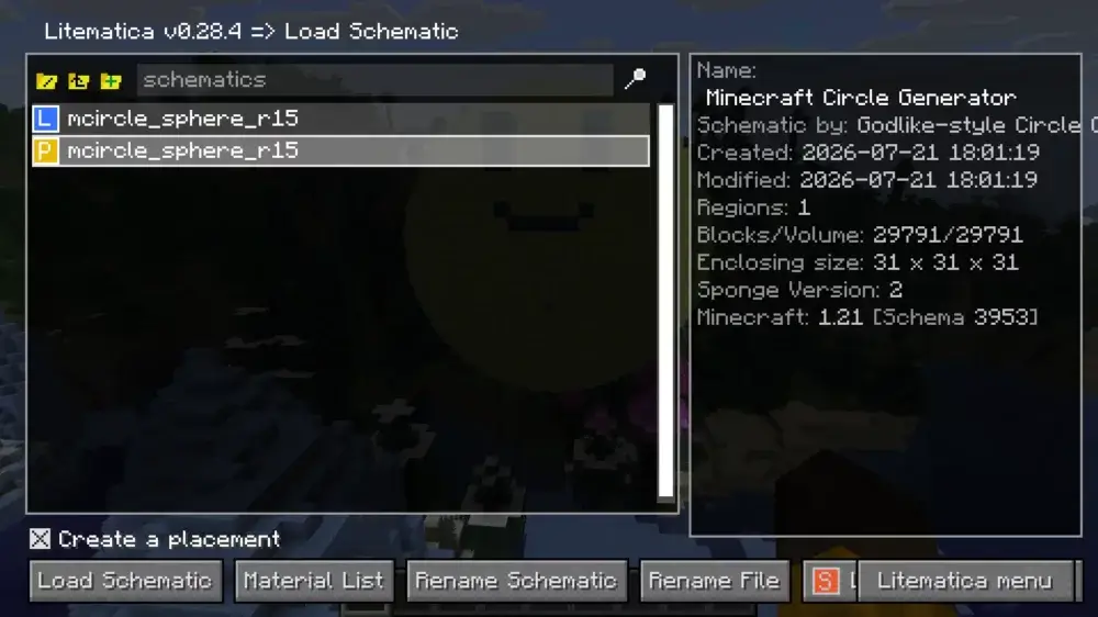 Litematica Load Schematic menu with a Minecraft circle schematic selected