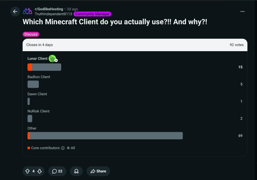 Reddit Minecraft client poll