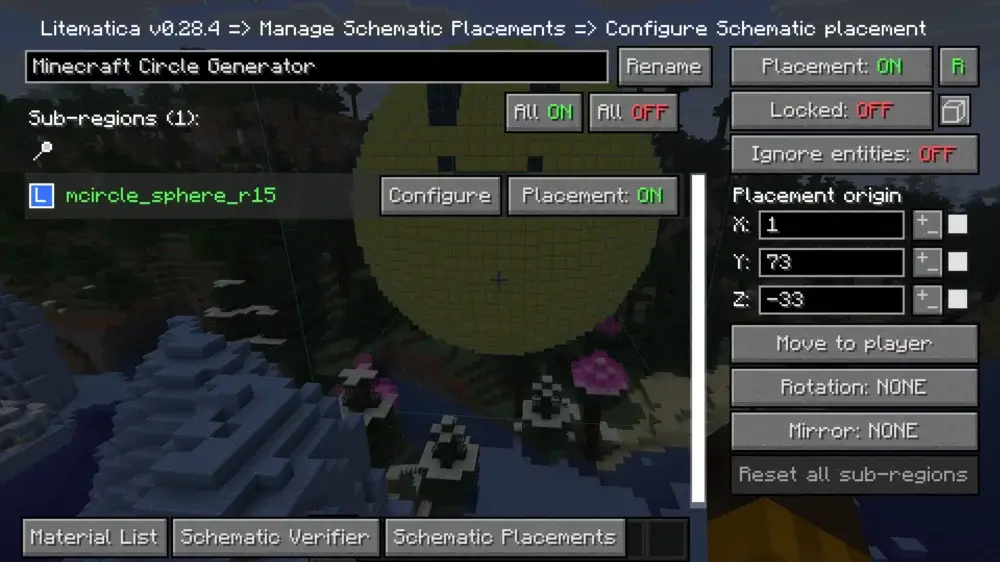 Litematica schematic placement settings with coordinates, rotation, and mirror options