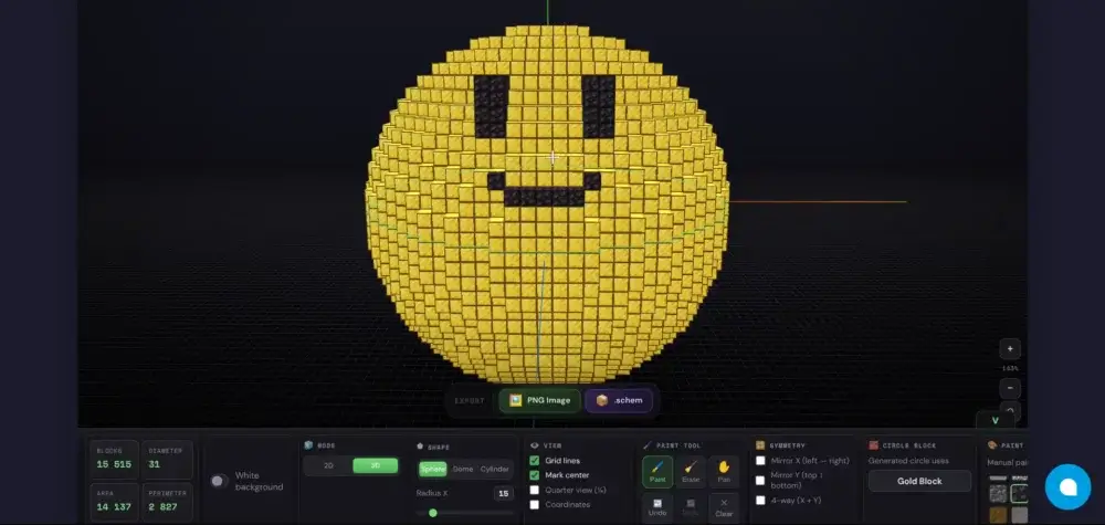 Minecraft Circle Generator with a gold smiley sphere schematic