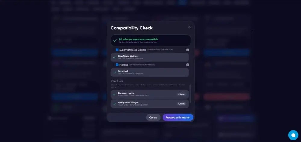 Compatibility check window showing that all selected Minecraft mods are compatible