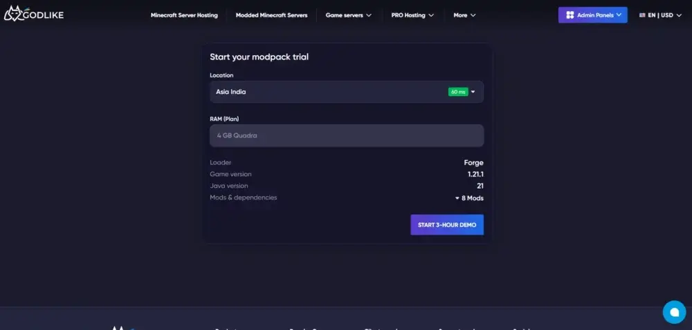Start your modpack trial screen with server location, RAM plan, loader, game version, Java version, and selected mods