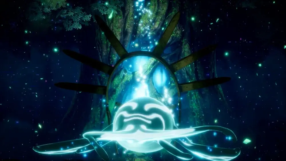 Palworld glowing portal in a dark forest