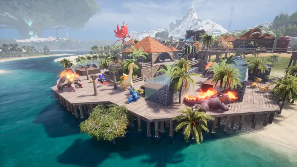 Palworld island base with Pals by the beach