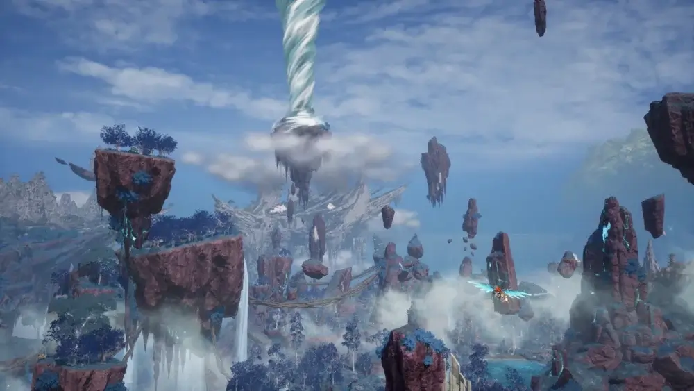 Palworld floating islands with a storm in the sky