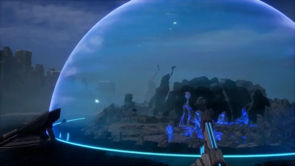 Palworld blue energy shield over rocky ruins