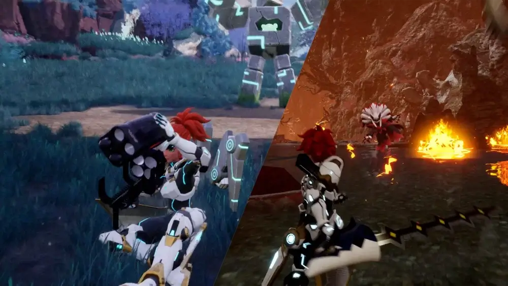 Palworld combat scenes with player and bosses