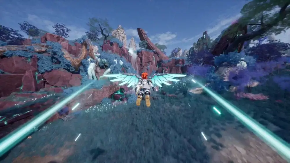 Palworld character flying through a blue forest biome
