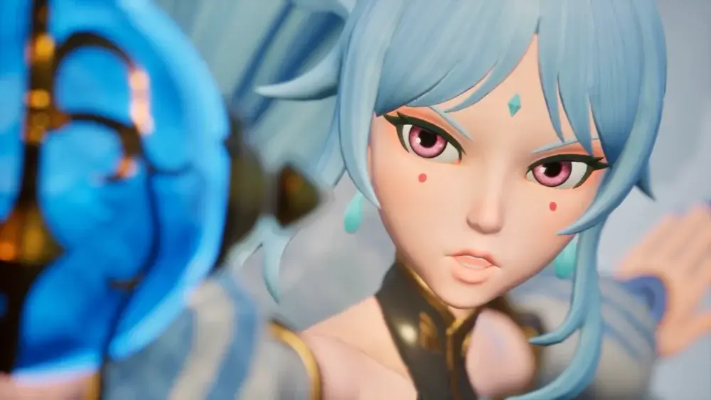 Palworld character close-up with blue hair and staff